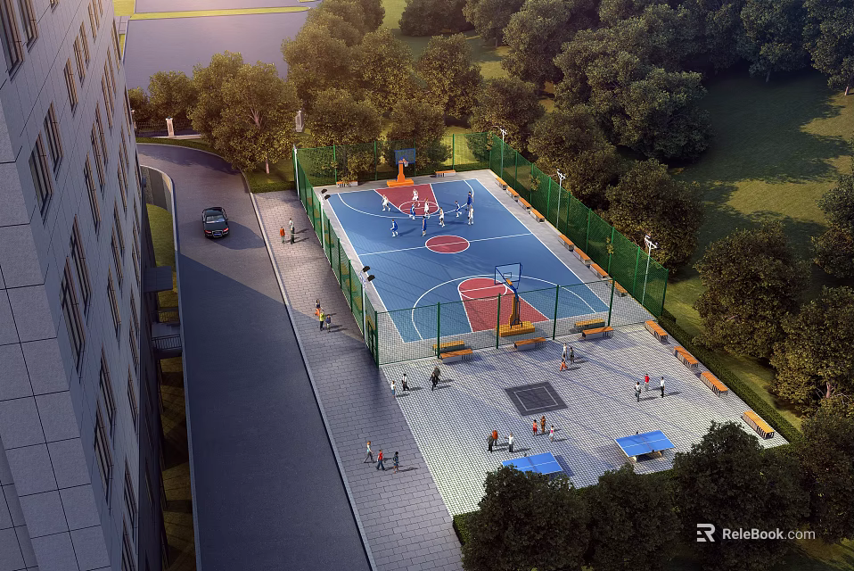 Outdoor Basketball Court With Blue Red Floor Surrounded By Trees And Seating Area 3d model 