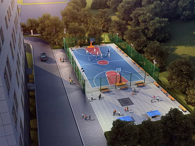 Outdoor Basketball Court With Blue Red Floor Surrounded By Trees And Seating Area 3d model