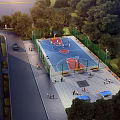 Outdoor Basketball Court With Blue Red Floor Surrounded By Trees And Seating Area