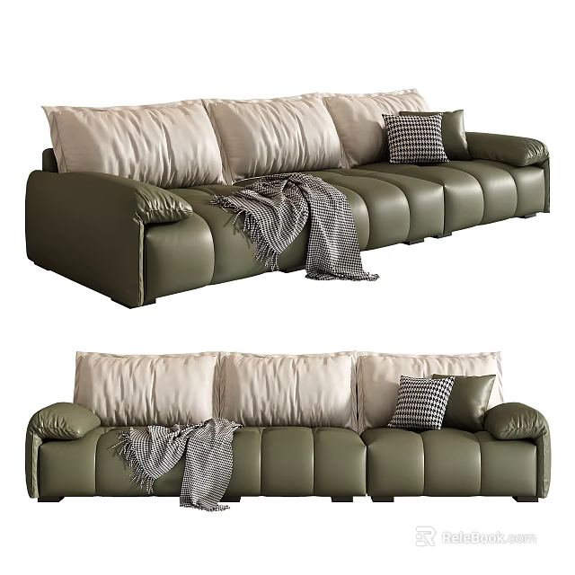 Green Modular Sofa With Beige Cushions Checkered Pillow And Throw Blanket 3d model