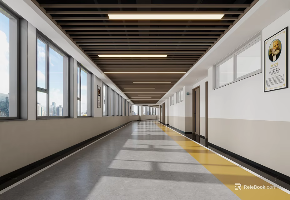 Spacious Long Elevator Corridor With Windows Natural Light Ceiling Lighting And Yellow Floor Line 3d model