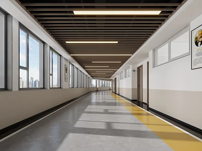 Spacious Long Elevator Corridor With Windows Natural Light Ceiling Lighting And Yellow Floor Line 3d model