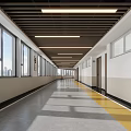 Spacious Long Elevator Corridor With Windows Natural Light Ceiling Lighting And Yellow Floor Line 3d model