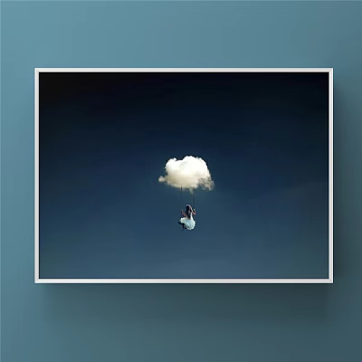 Portrait Painting of Parachutist with White Cloud Against Deep Blue Sky in Framed Artwork 3d model