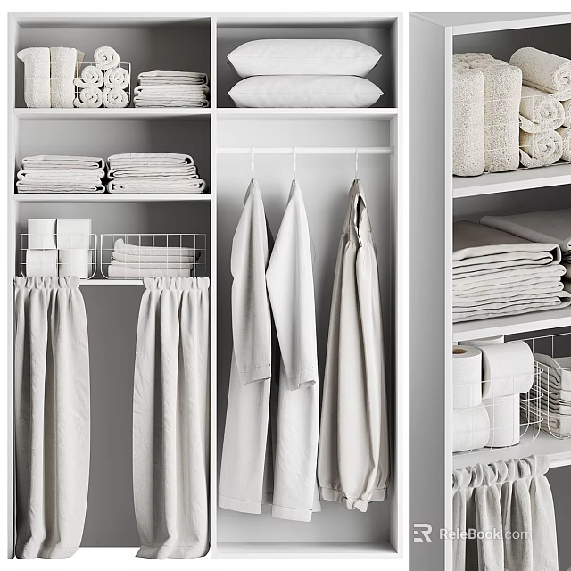 Organized White Wardrobe Interior With Hanging Garments Folded Towels And Storage Shelves 3d model 