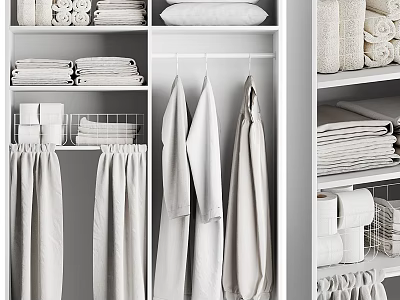 Organized White Wardrobe Interior With Hanging Garments Folded Towels And Storage Shelves 3d model