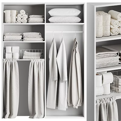 Organized White Wardrobe Interior With Hanging Garments Folded Towels And Storage Shelves 3d model