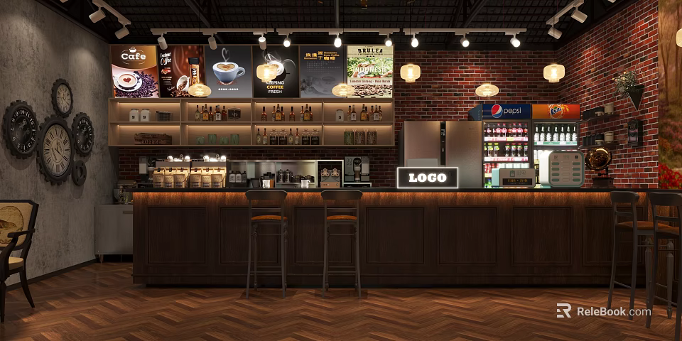 Cozy Café Interior With Brick Wall Bar Counter Bar Stools And Coffee Posters 3d model 