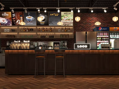 Cozy Café Interior With Brick Wall Bar Counter Bar Stools And Coffee Posters 3d model