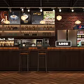 Cozy Café Interior With Brick Wall Bar Counter Bar Stools And Coffee Posters