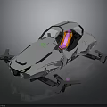 Silver Metallic Flying Car With Four Rotors And Purple Seats Futuristic Design