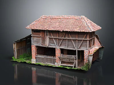 Old Wooden House With Red Tiled Roof Brick Walls Porch Railing And Grass 3d model