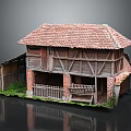 Old Wooden House With Red Tiled Roof Brick Walls Porch Railing And Grass