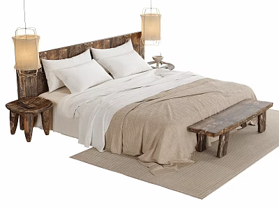 Double Bed with Wooden Headboard White Pillows Beige Bedding Nightstands Hanging Lamps and Beige Rug 3d model