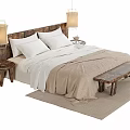 Double Bed with Wooden Headboard White Pillows Beige Bedding Nightstands Hanging Lamps and Beige Rug