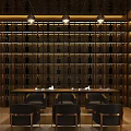 Elegant Bar Interior With Wine Racks Dining Table Chairs And Pendant Lights