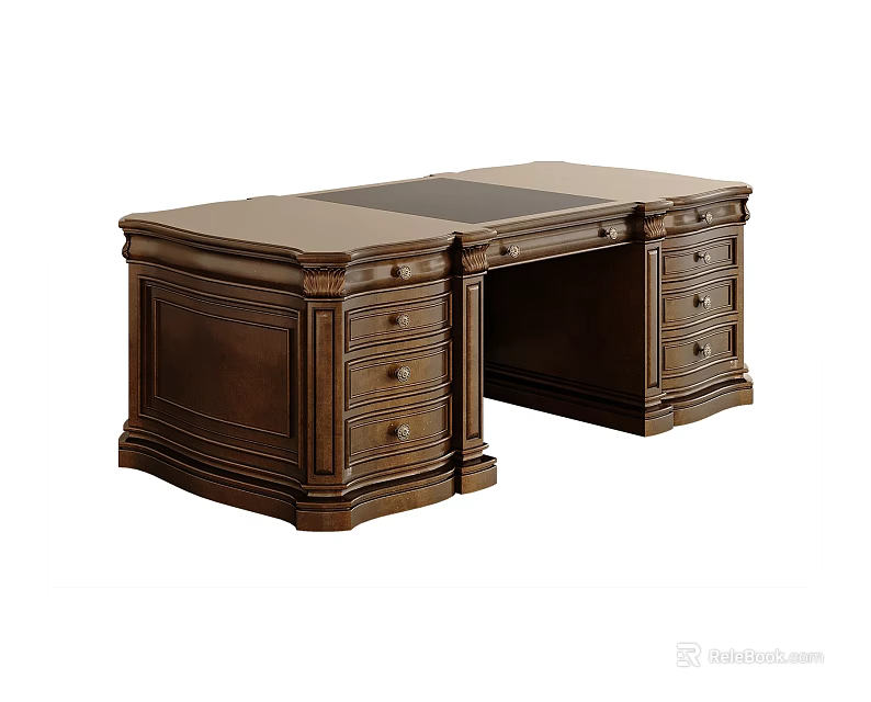 Traditional Dark Brown Wooden Desk With Multiple Drawers And Classic Design 3d model 