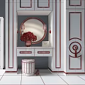 Elegant Dressing Table With Gold Round Mirror Vase And Decorative Cabinets 3d model