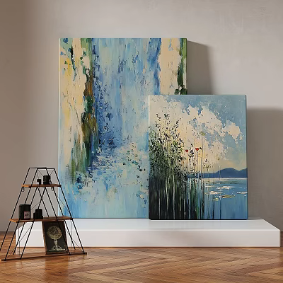 Vibrant Abstract Painting With Blue Green Tones And Brushstrokes For Home Decor 3d model