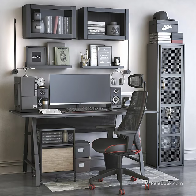 Modern Home Office Desk With Computer Monitor Keyboard Headphones Bookshelves And Ergonomic Chair 3d model 