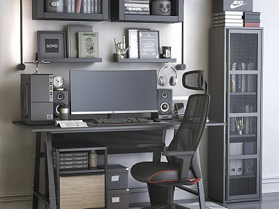 Modern Home Office Desk With Computer Monitor Keyboard Headphones Bookshelves And Ergonomic Chair 3d model