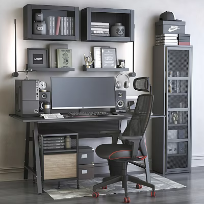 Modern Home Office Desk With Computer Monitor Keyboard Headphones Bookshelves And Ergonomic Chair 3d model