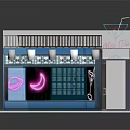 Cartoon Shop Scene With Blue Roof Awning Neon Moon Sign And Pink Drink Logo