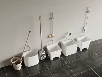 Cleaning Area With Mop Sinks And Tools On Tile Floor 3d model