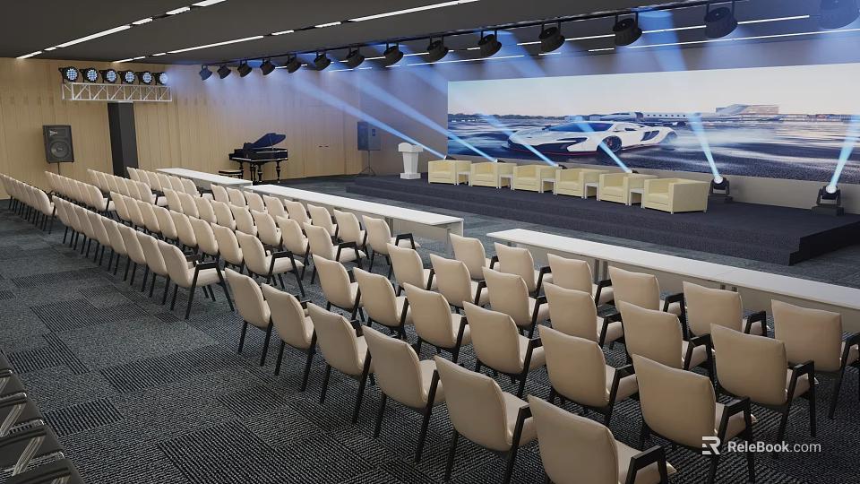 Conference Room With Neatly Arranged Chairs Large Projection Screen Stage Area Piano And Lighting Equipment 3d model 