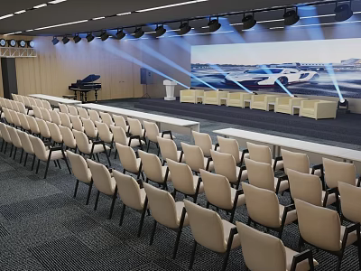 Conference Room With Neatly Arranged Chairs Large Projection Screen Stage Area Piano And Lighting Equipment 3d model