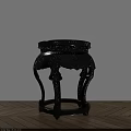 Black Wooden Chinese Style Carved Stool With Round Top And Curved Legs