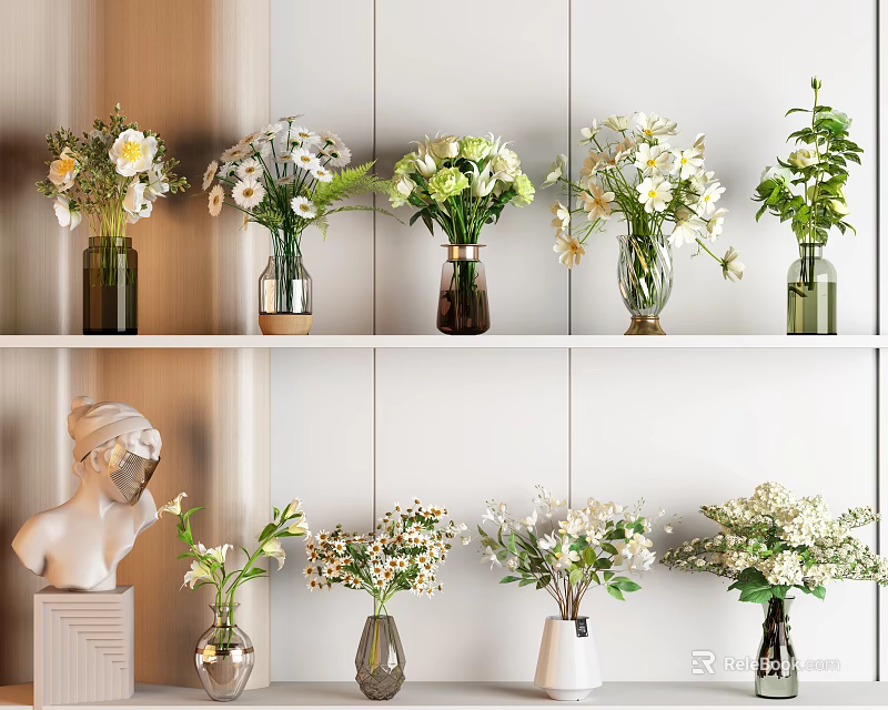 White and Yellow Flowers in Glass Vases on White Shelves with Decorative Bust 3d model 