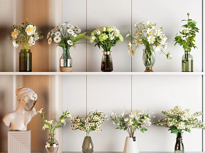 White and Yellow Flowers in Glass Vases on White Shelves with Decorative Bust 3d model