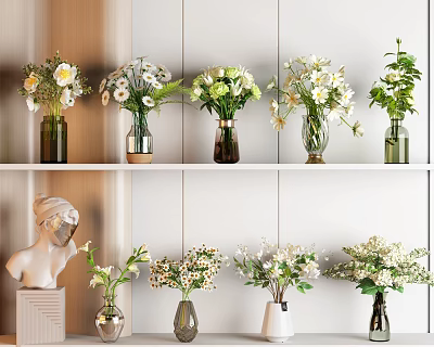White and Yellow Flowers in Glass Vases on White Shelves with Decorative Bust 3d model