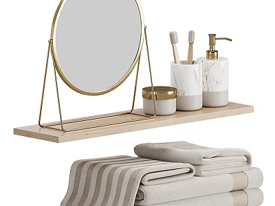 Stylish Bathroom Accessories with Gold Frame Mirror Wooden Shelf and Rolled Towels 3d model