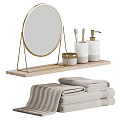 Stylish Bathroom Accessories with Gold Frame Mirror Wooden Shelf and Rolled Towels