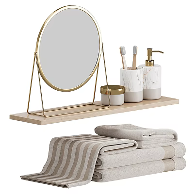 Stylish Bathroom Accessories with Gold Frame Mirror Wooden Shelf and Rolled Towels 3d model