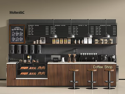 Modern Coffee Shop Interior With Hanging Pendant Lights Menu Board Pastries Display And Counter Stools 3d model