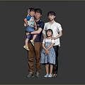 Family Group of Four Members Standing Together in Gray Background