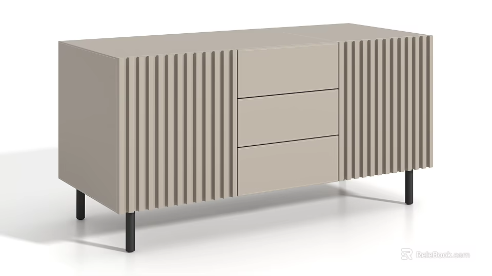Modern Light Gray Dresser With Three Drawers Vertical Striped Accents And Black Legs 3d model 