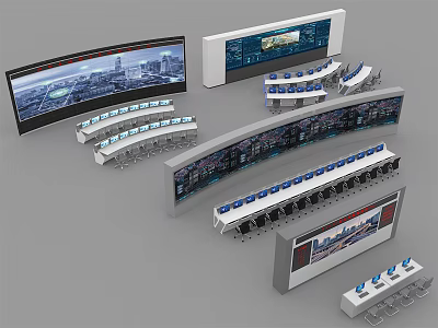 Modern Control Room Workstations With Curved Screens Multiple Displays Control Panels And Seats 3d model