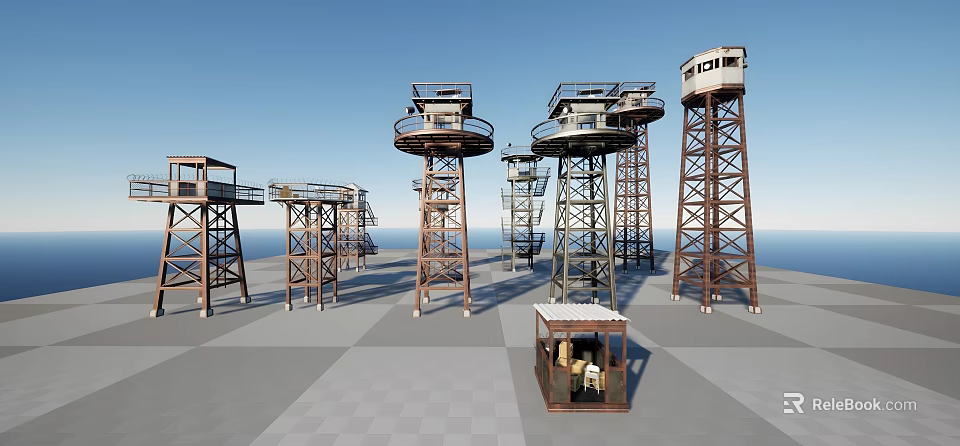 Military Weapon Observation Towers With Control Room Gray Tiled Ground And Sea View 3d model 