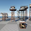 Military Weapon Observation Towers With Control Room Gray Tiled Ground And Sea View