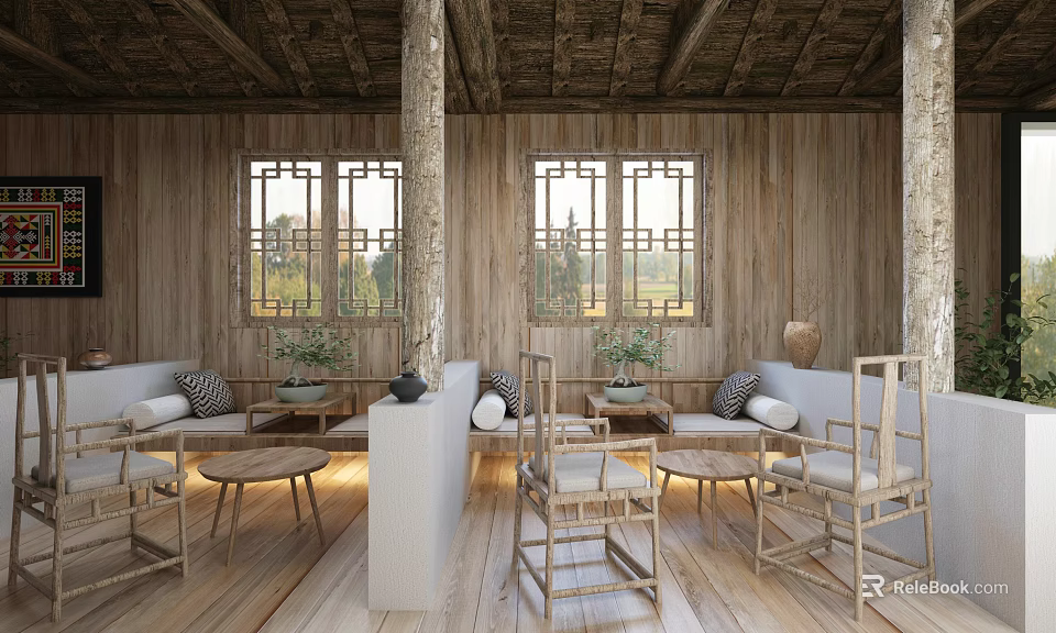 Traditional Wooden Tea Room Interior With Classic Windows Tables And Green Plants 3d model 