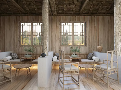 Traditional Wooden Tea Room Interior With Classic Windows Tables And Green Plants 3d model