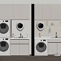 Modern Laundry Room Interior With Stacked Washing Machines And White Cabinets