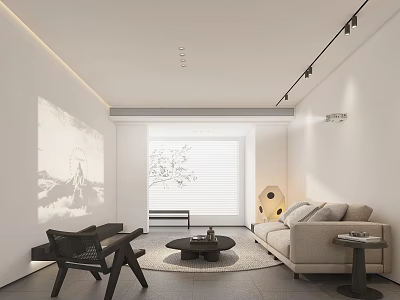 Modern White Living Room Interior With Projection Beige Sofa Black Chairs And Blinds 3d model