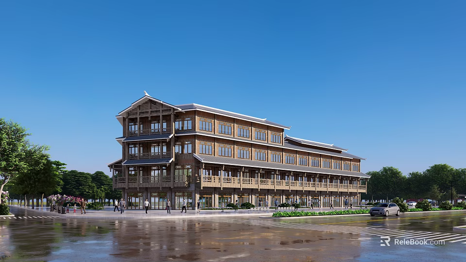 Traditional Wooden Multi story Commercial Street Featuring Balconies Pedestrian Walkway And Wet Pavement Under Blue Sky 3d model 