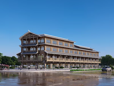 Traditional Wooden Multi story Commercial Street Featuring Balconies Pedestrian Walkway And Wet Pavement Under Blue Sky 3d model
