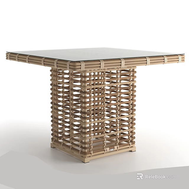 Modern Square Coffee Table With Glass Top And Woven Rattan Base Design 3d model 
